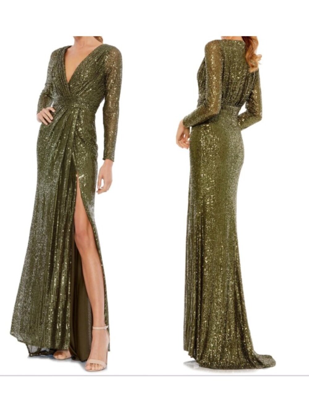 Mac Duggal Olive Long Sleeve Sequin Faux Wrap Formal Gown Dress Size 10